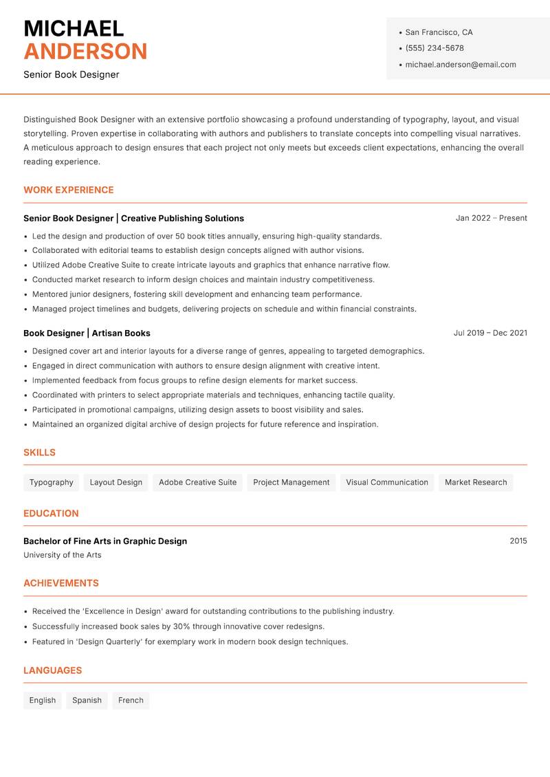 Book Designer resume sample — Senior Book Designer focus