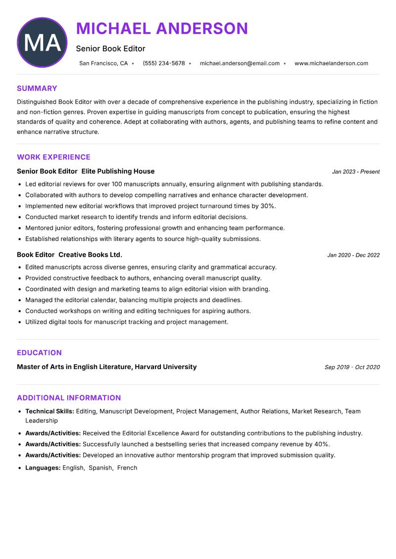 Book Editor resume example