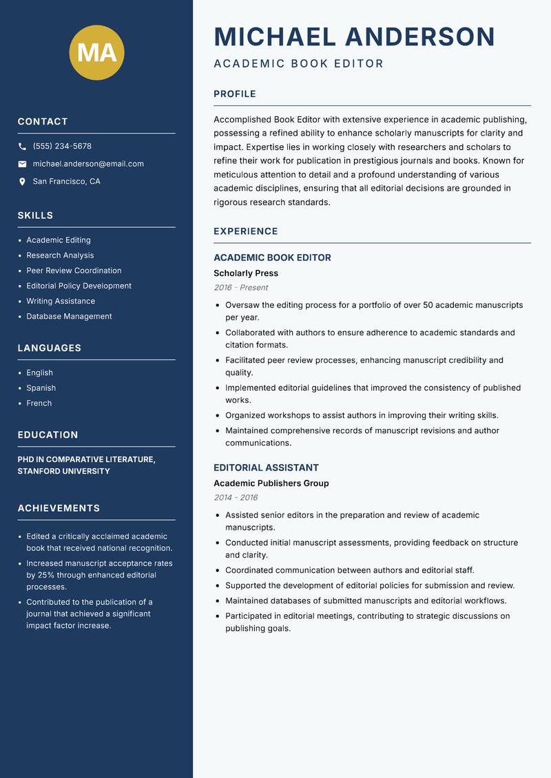 Book Editor resume sample — Academic Book Editor focus