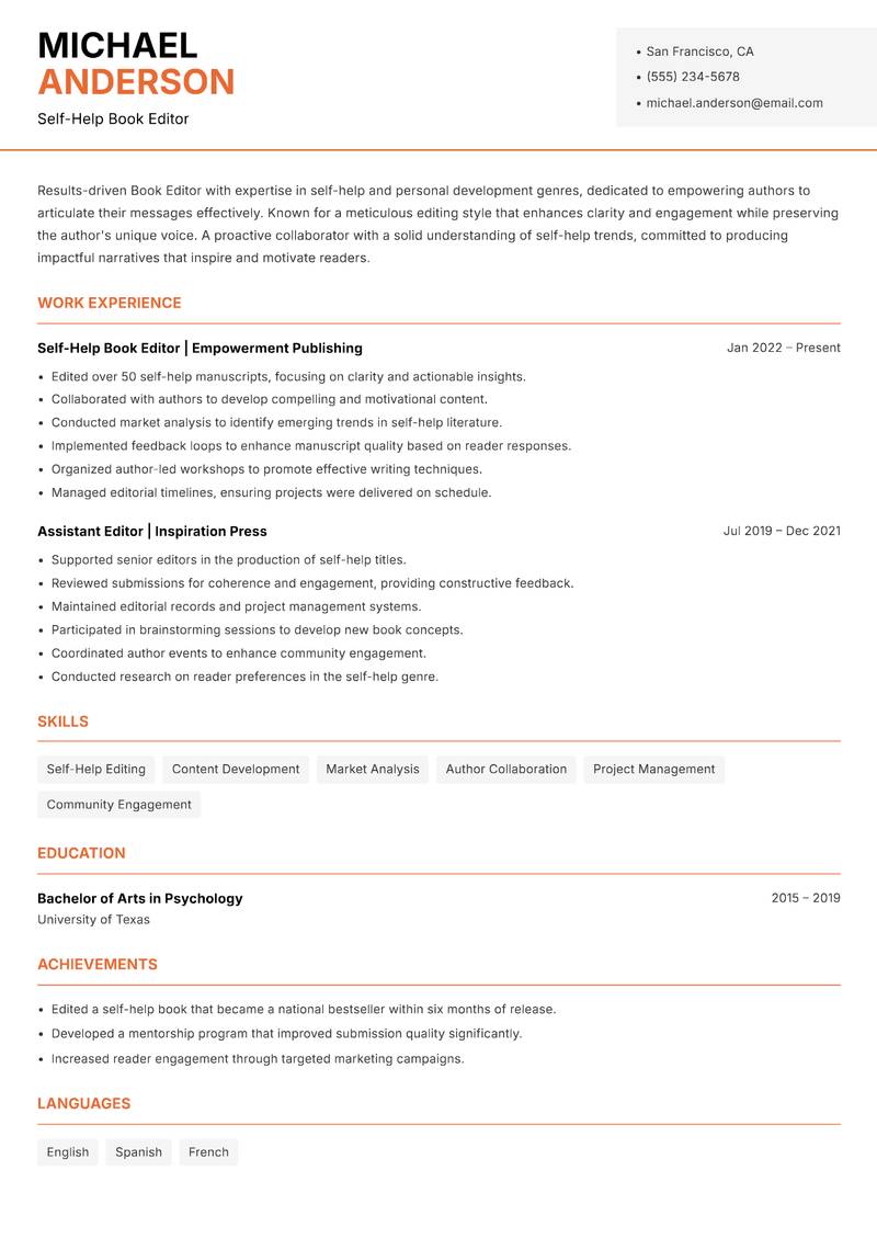 Book Editor resume sample — Self-Help Book Editor focus
