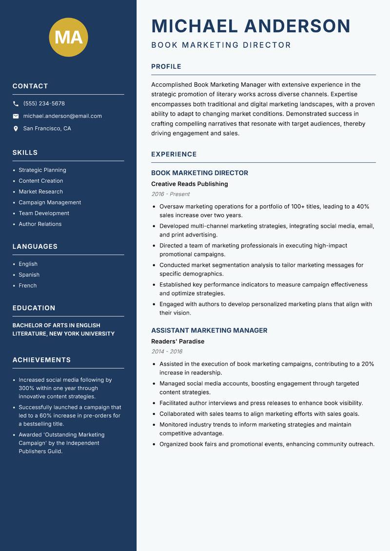 Book Marketing Manager resume sample — Book Marketing Director focus
