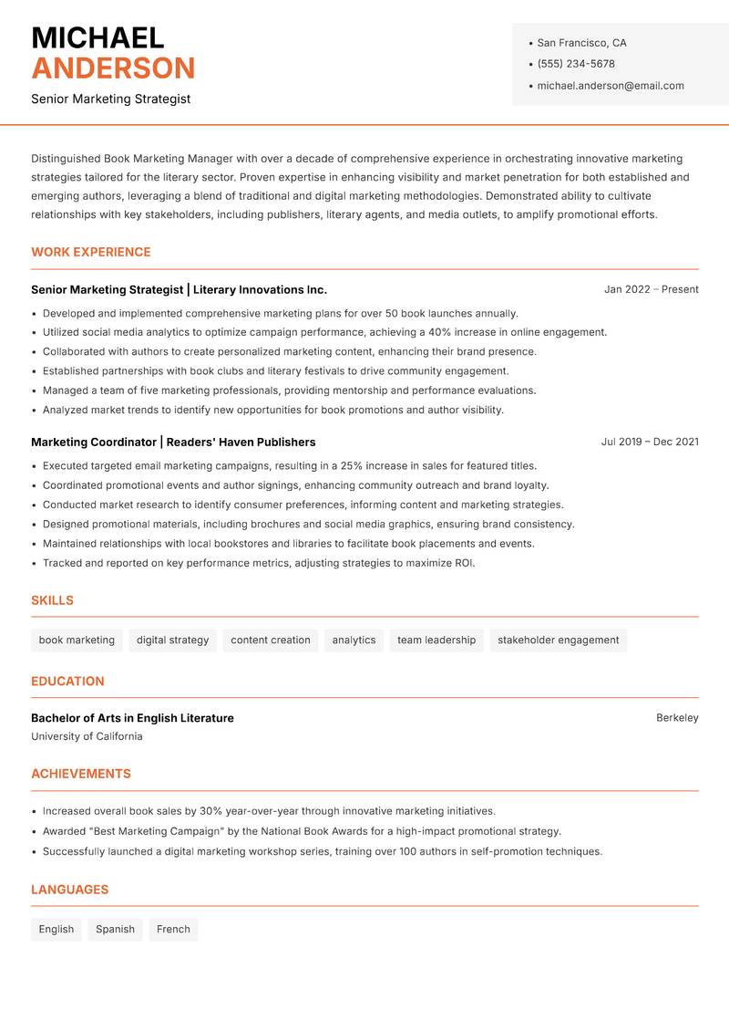Book Marketing Manager resume sample — Senior Marketing Strategist focus