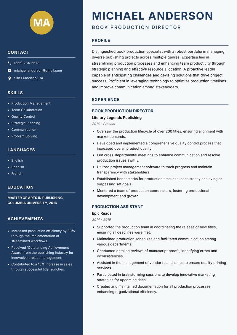 Book Production Specialist resume sample — Book Production Director focus