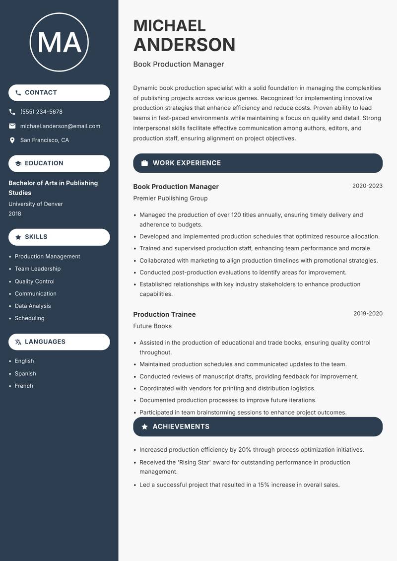 Book Production Specialist resume sample — Book Production Manager focus