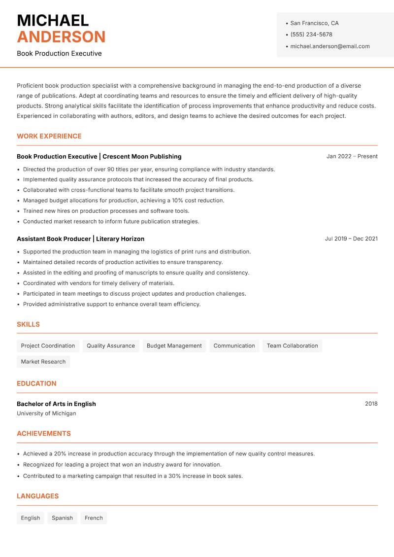 Book Production Specialist resume sample — Book Production Executive focus