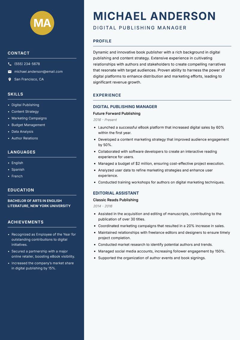 Book Publisher resume sample — Digital Publishing Manager focus