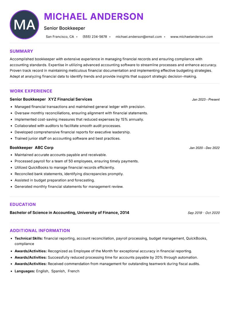 Bookkeeper resume example