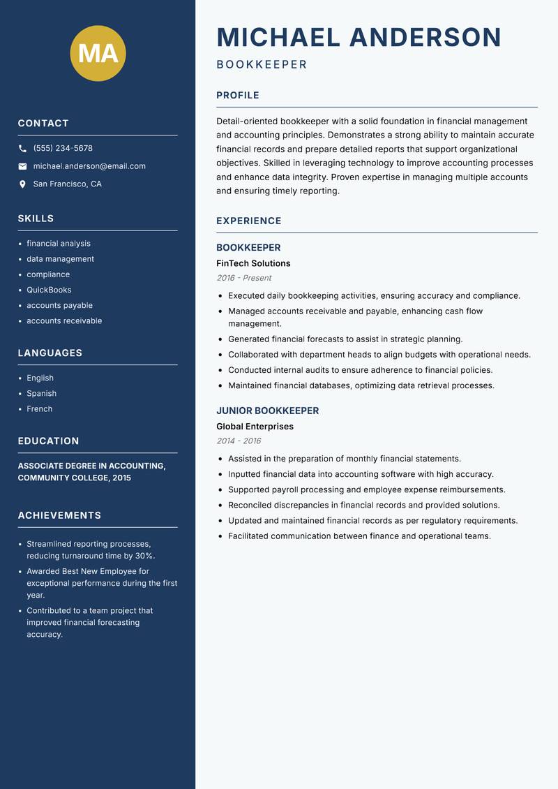 Bookkeeper resume sample — Bookkeeper focus