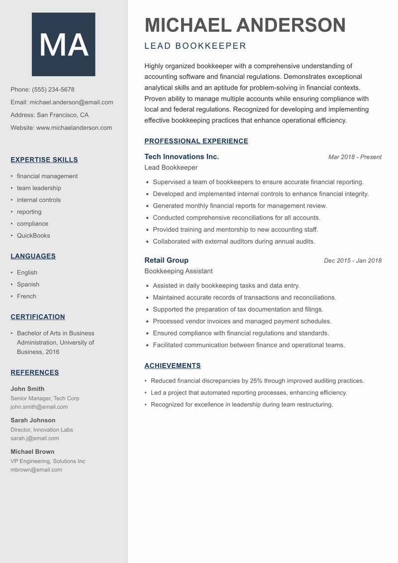 Bookkeeper resume sample — Lead Bookkeeper focus