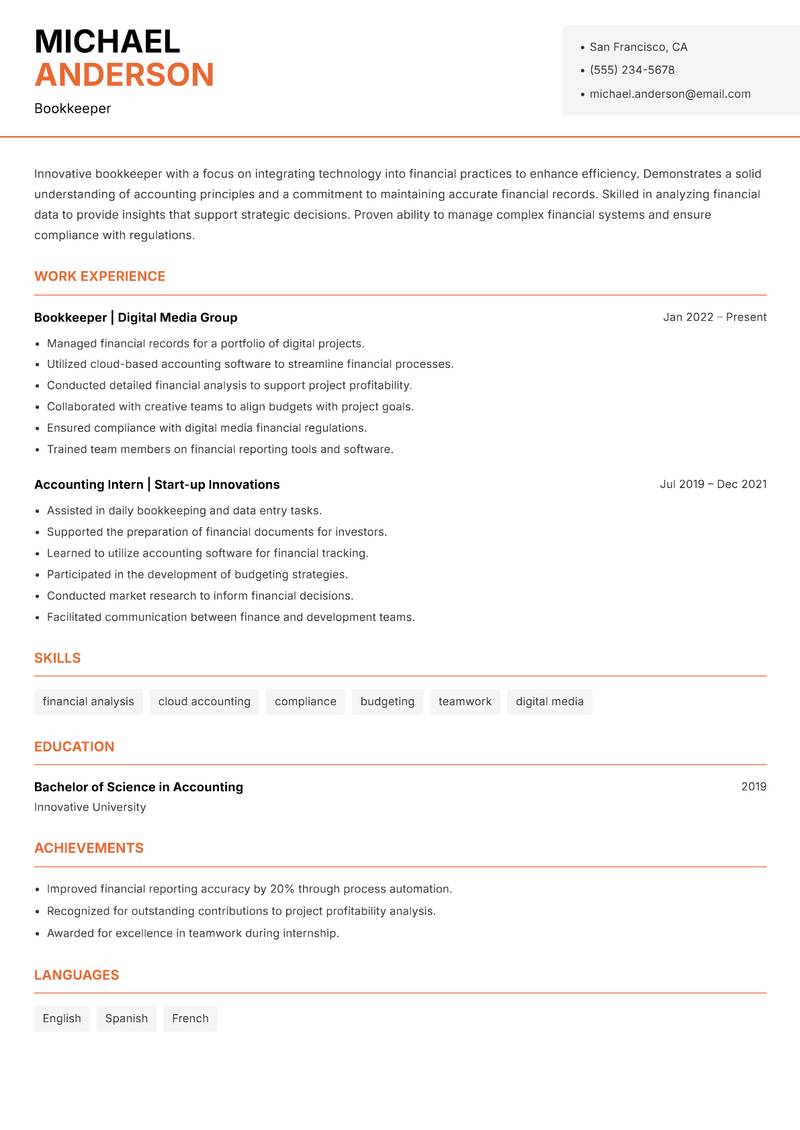 Bookkeeper resume sample — Bookkeeper focus