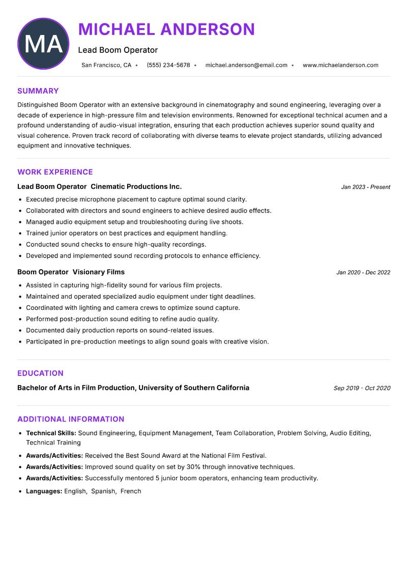 Boom Operator resume example