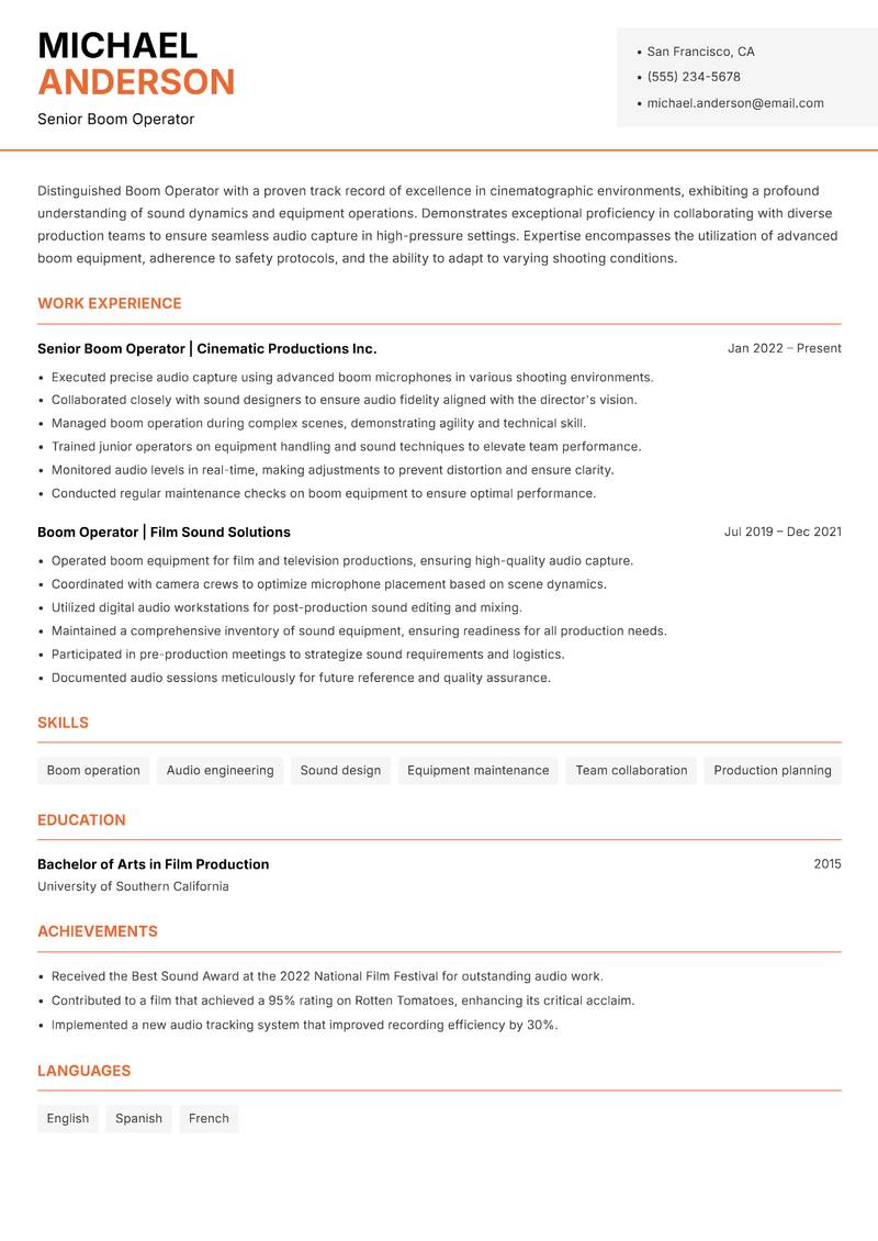 Boom Operator resume sample — Senior Boom Operator focus