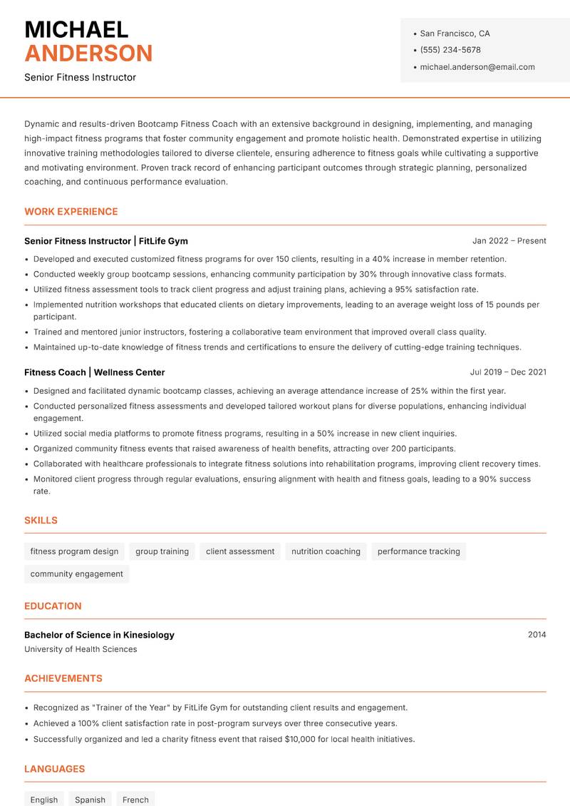 Bootcamp Fitness Coach resume sample — Senior Fitness Instructor focus