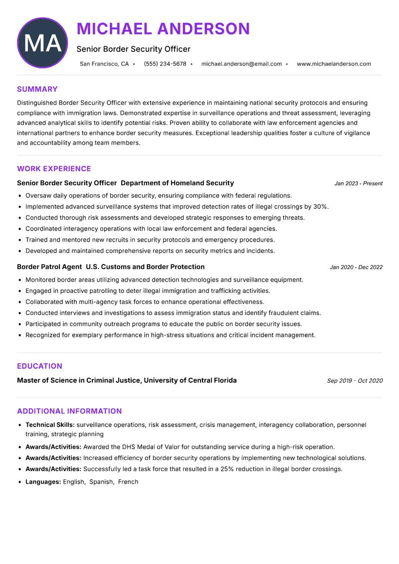 Border Security Officer resume example
