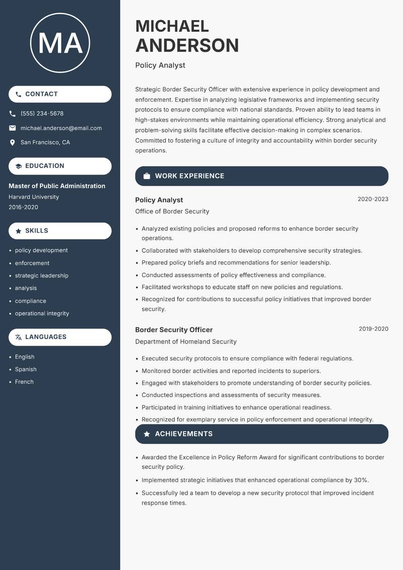 Border Security Officer resume sample — Policy Analyst focus