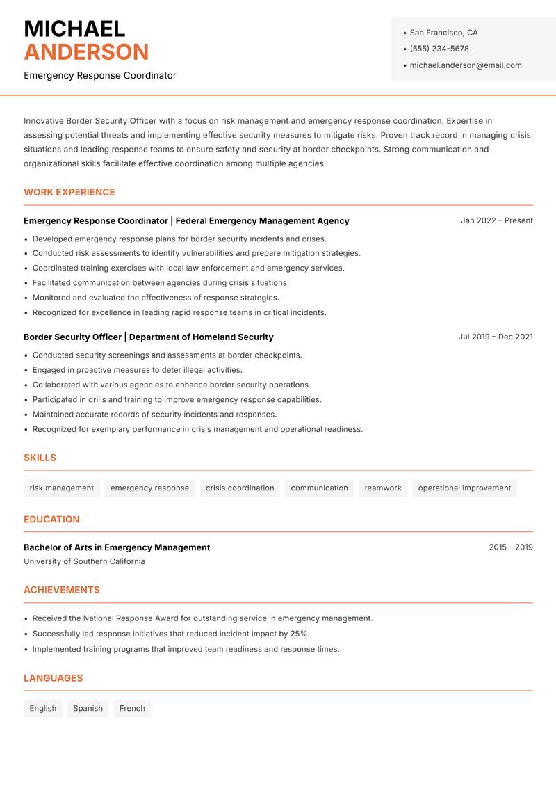 Border Security Officer resume sample — Emergency Response Coordinator focus