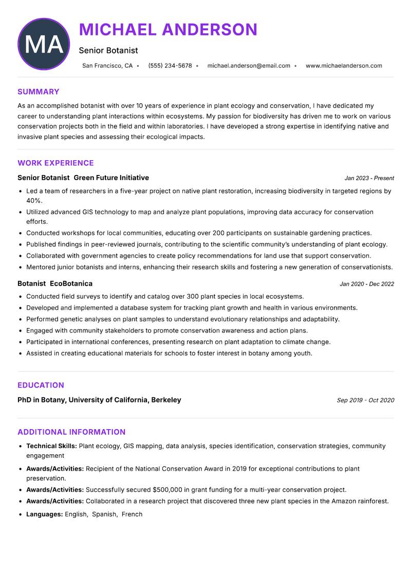 Botanist resume example