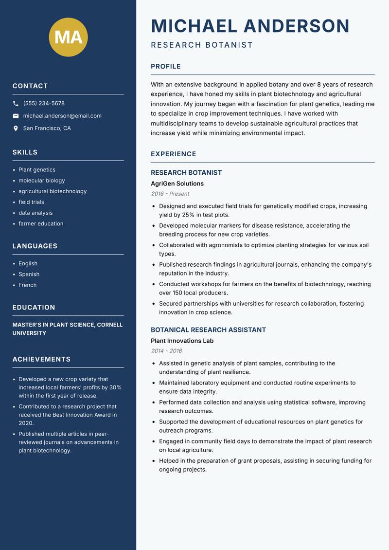 Botanist resume sample — Research Botanist focus