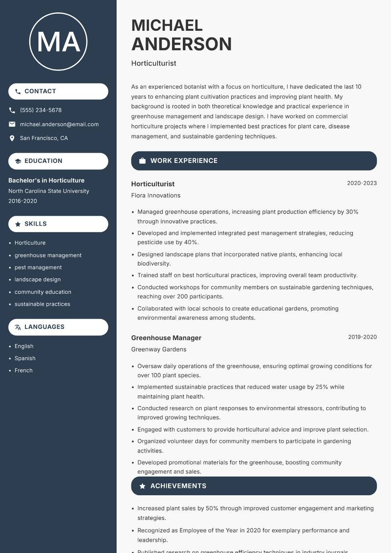 Botanist resume sample — Horticulturist focus