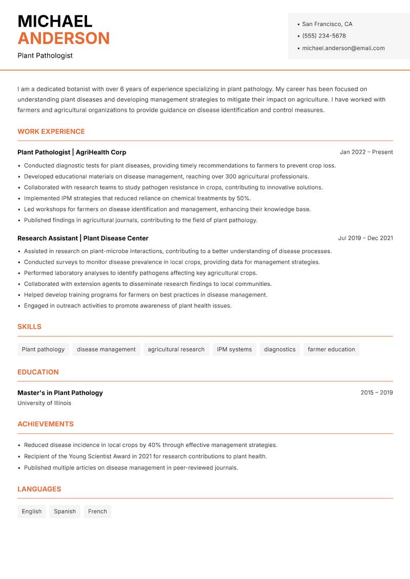 Botanist resume sample — Plant Pathologist focus