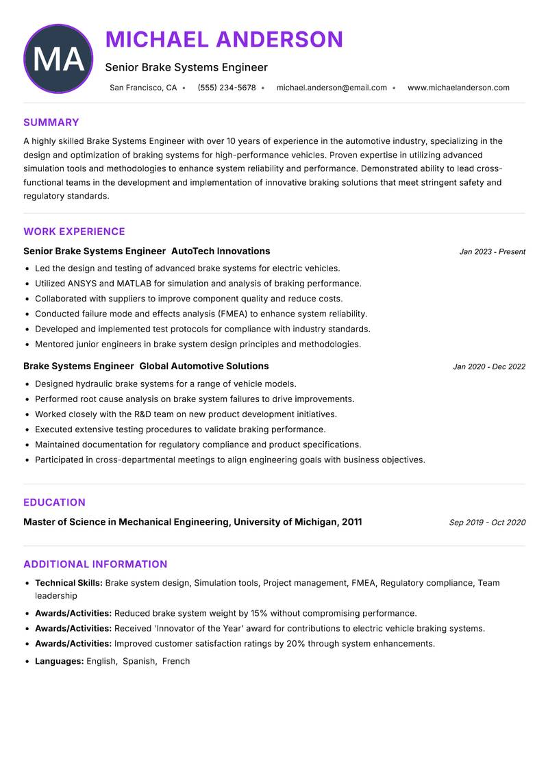 Brake Systems Engineer resume example
