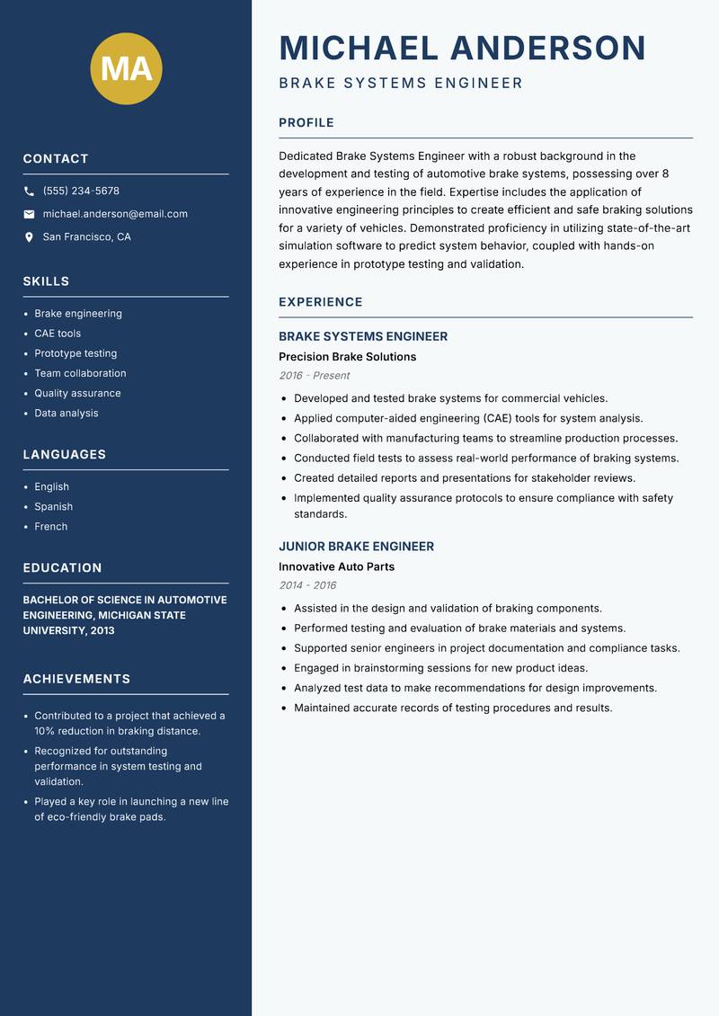 Brake Systems Engineer resume sample — Brake Systems Engineer focus