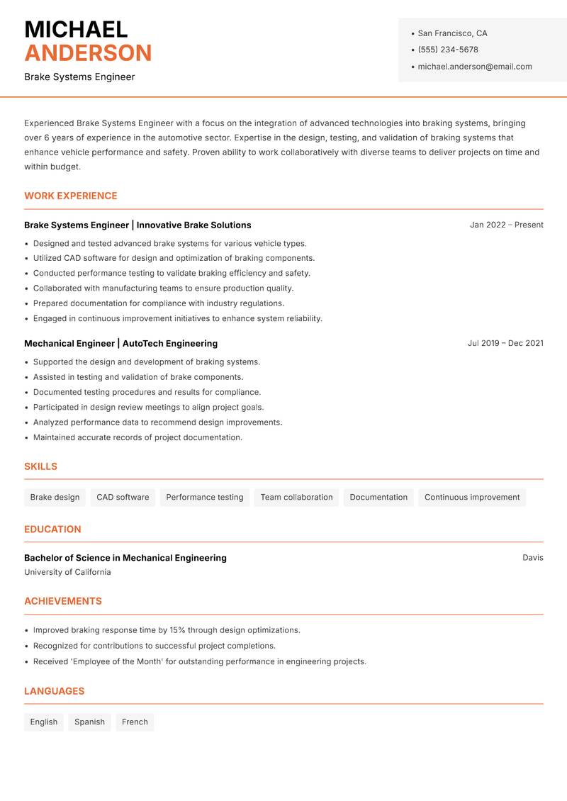 Brake Systems Engineer resume sample — Brake Systems Engineer focus