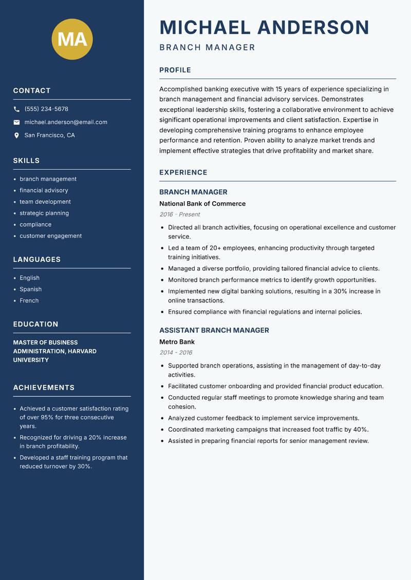 Branch Banking Officer resume sample — Branch Manager focus