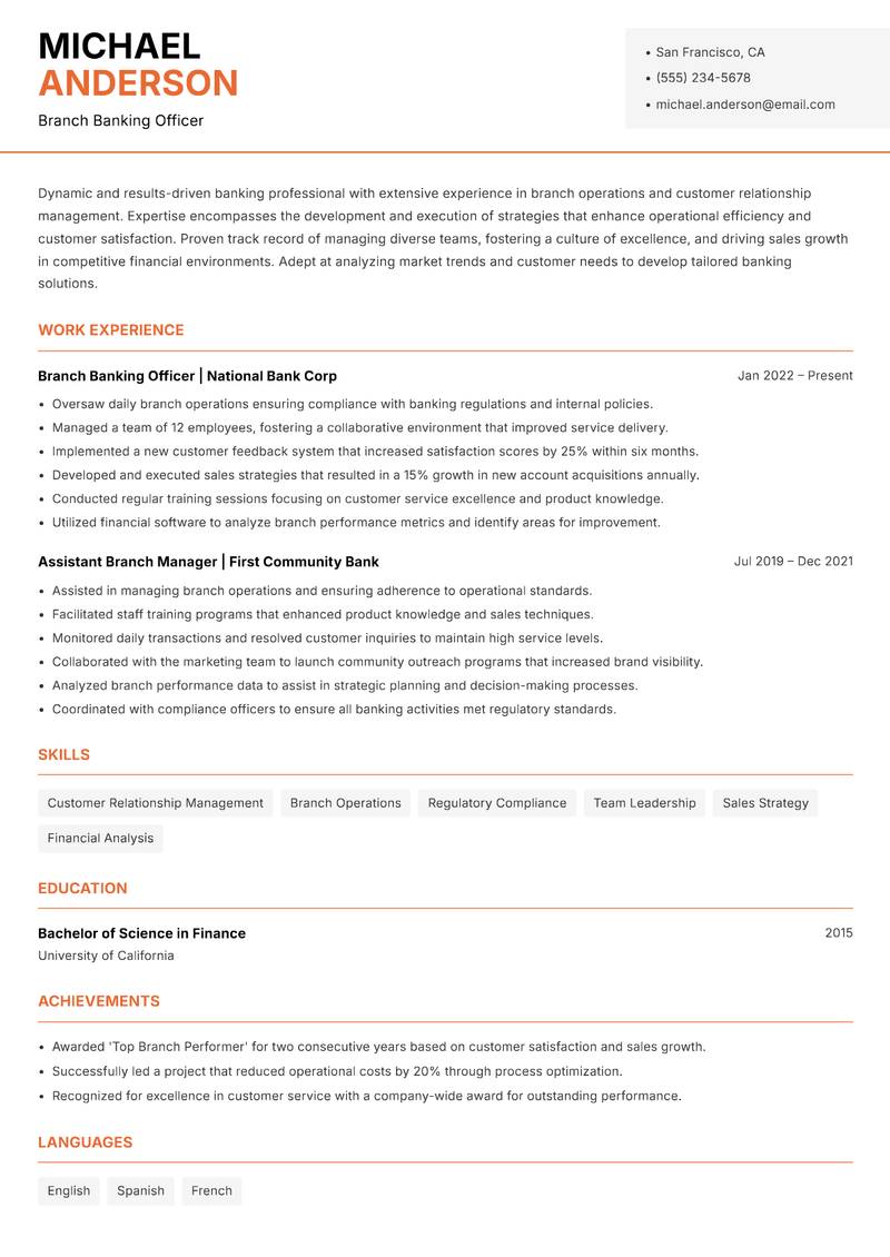 Branch Banking Officer resume sample — Branch Banking Officer focus