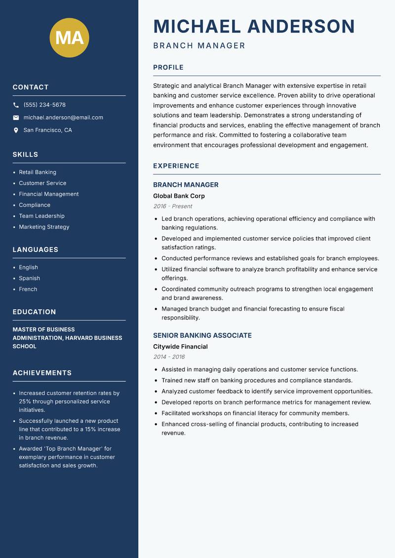 Branch Manager resume sample — Branch Manager focus