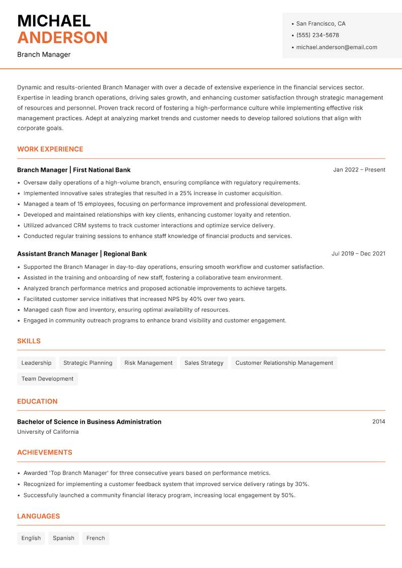 Branch Manager resume sample — Branch Manager focus