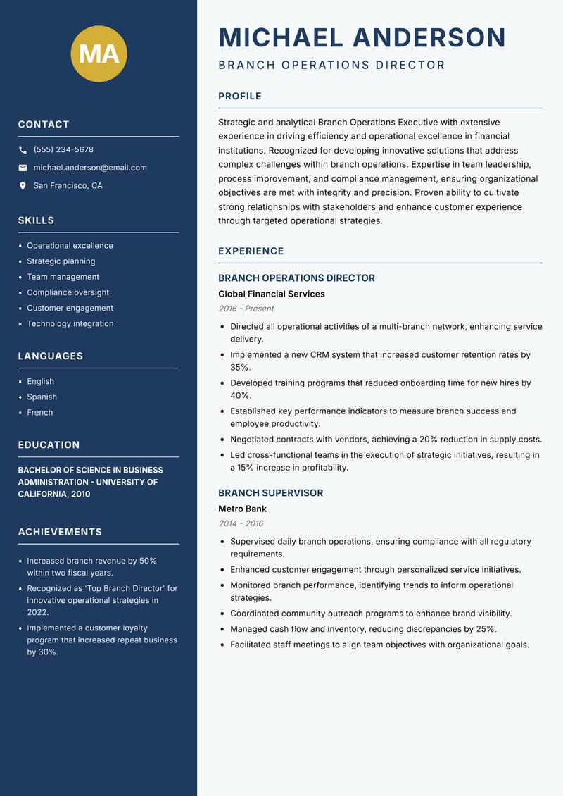 Branch Operations Executive resume sample — Branch Operations Director focus