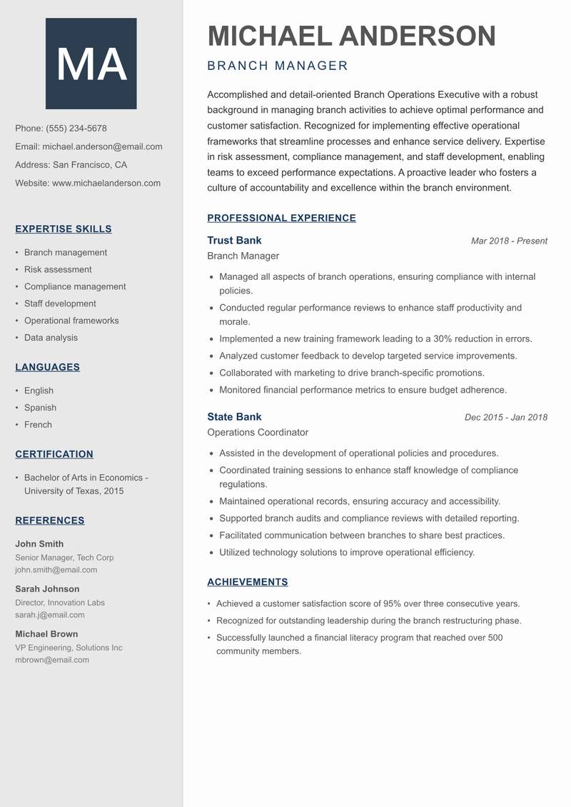 Branch Operations Executive resume sample — Branch Manager focus