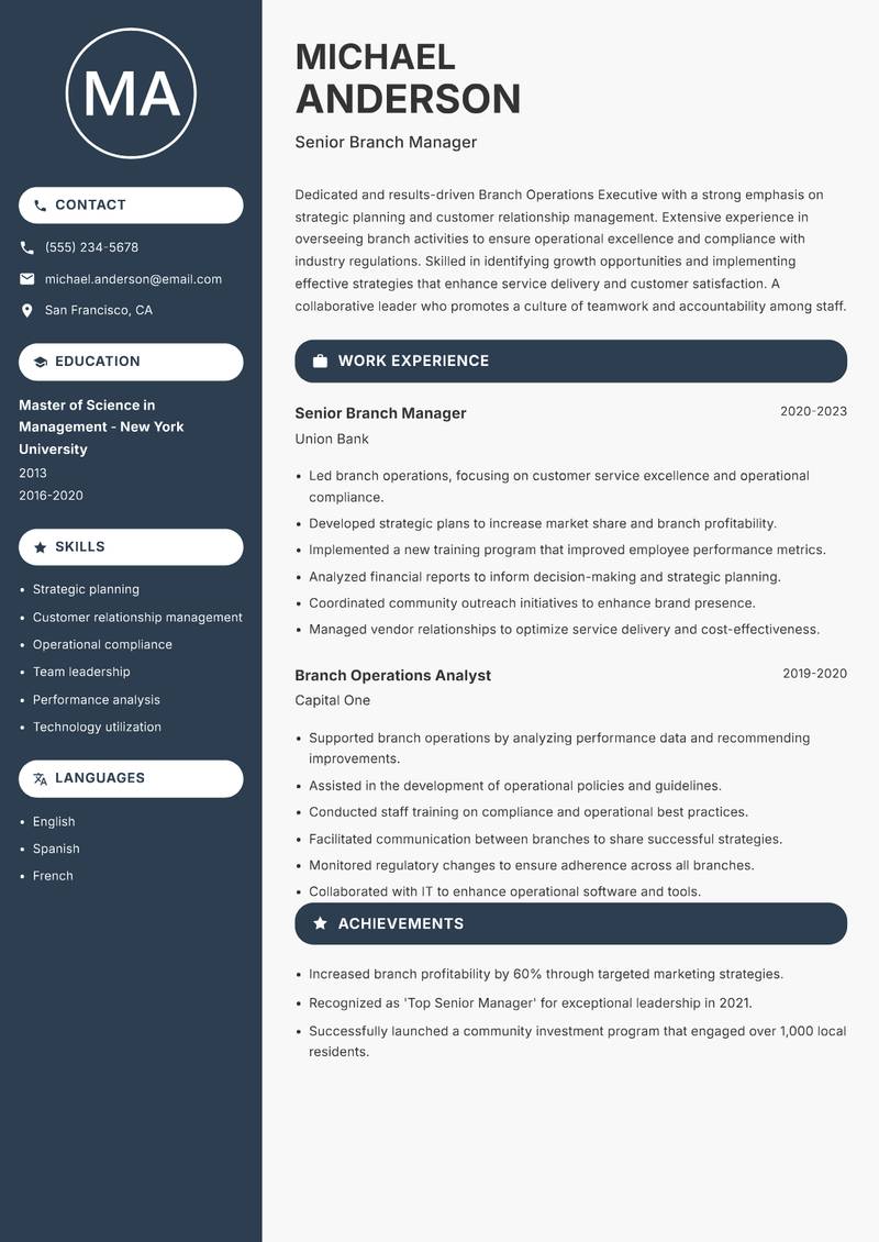 Branch Operations Executive resume sample — Senior Branch Manager focus