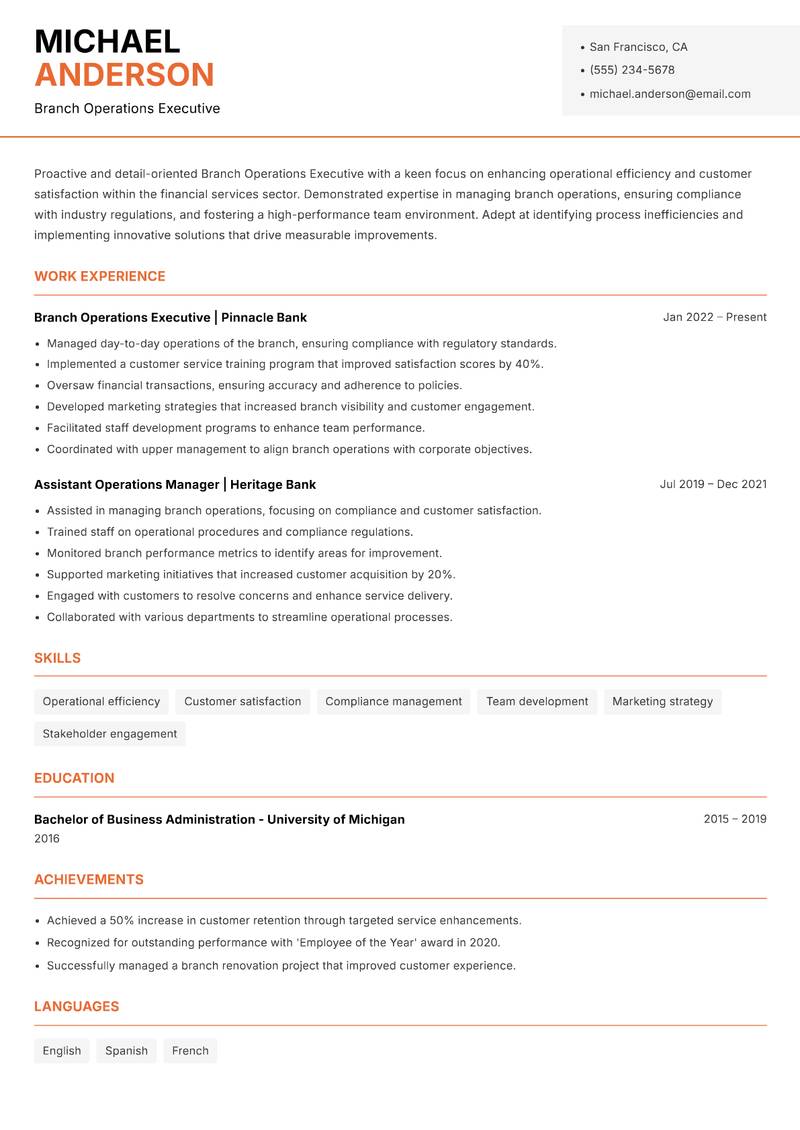 Branch Operations Executive resume sample — Branch Operations Executive focus