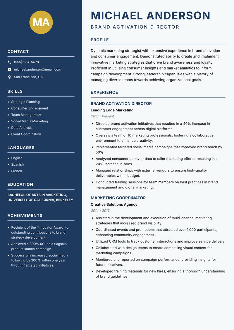 Brand Activation Manager resume sample — Brand Activation Director focus