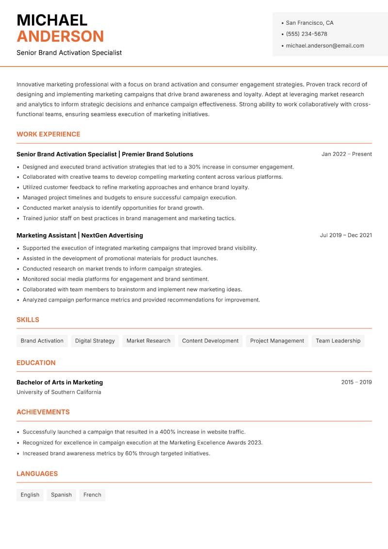 Brand Activation Manager resume sample — Senior Brand Activation Specialist focus