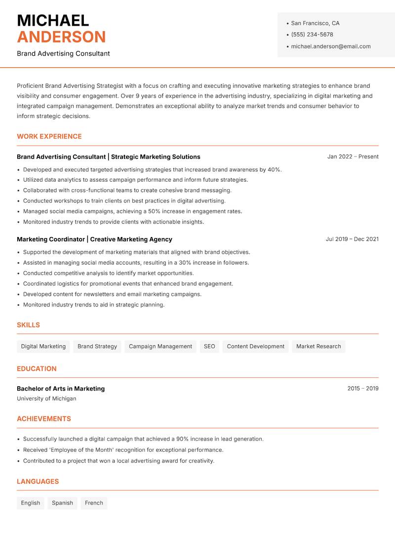 Brand Advertising Strategist resume sample — Brand Advertising Consultant focus