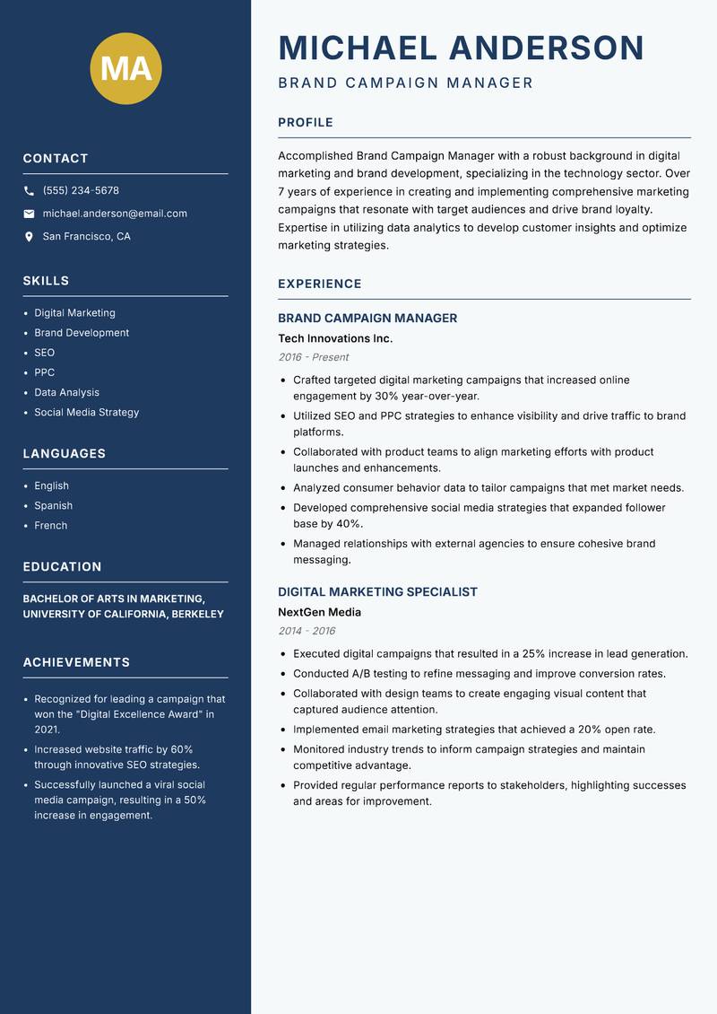 Brand Campaign Manager resume sample — Brand Campaign Manager focus