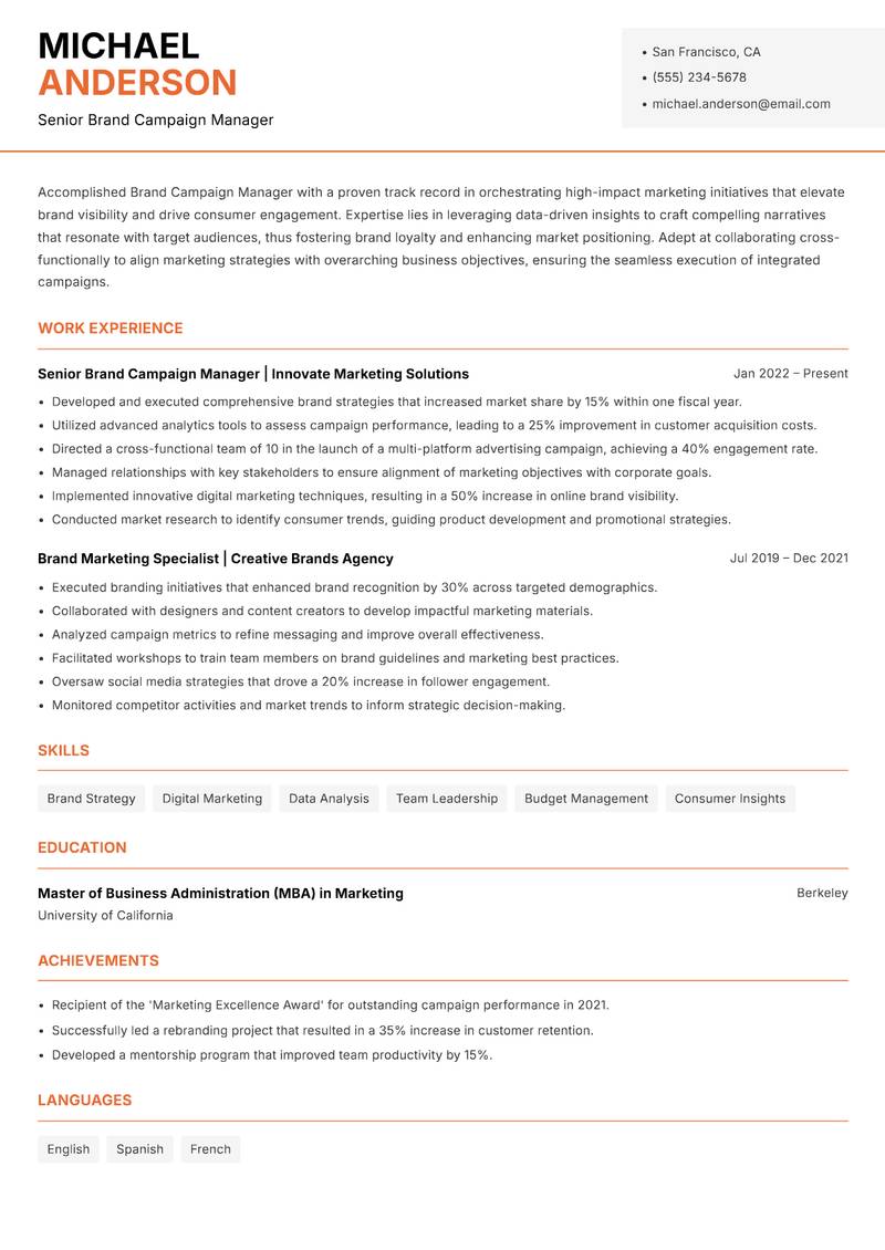 Brand Campaign Manager resume sample — Senior Brand Campaign Manager focus
