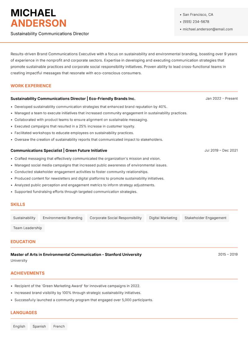 Brand Communications Executive resume sample — Sustainability Communications Director focus