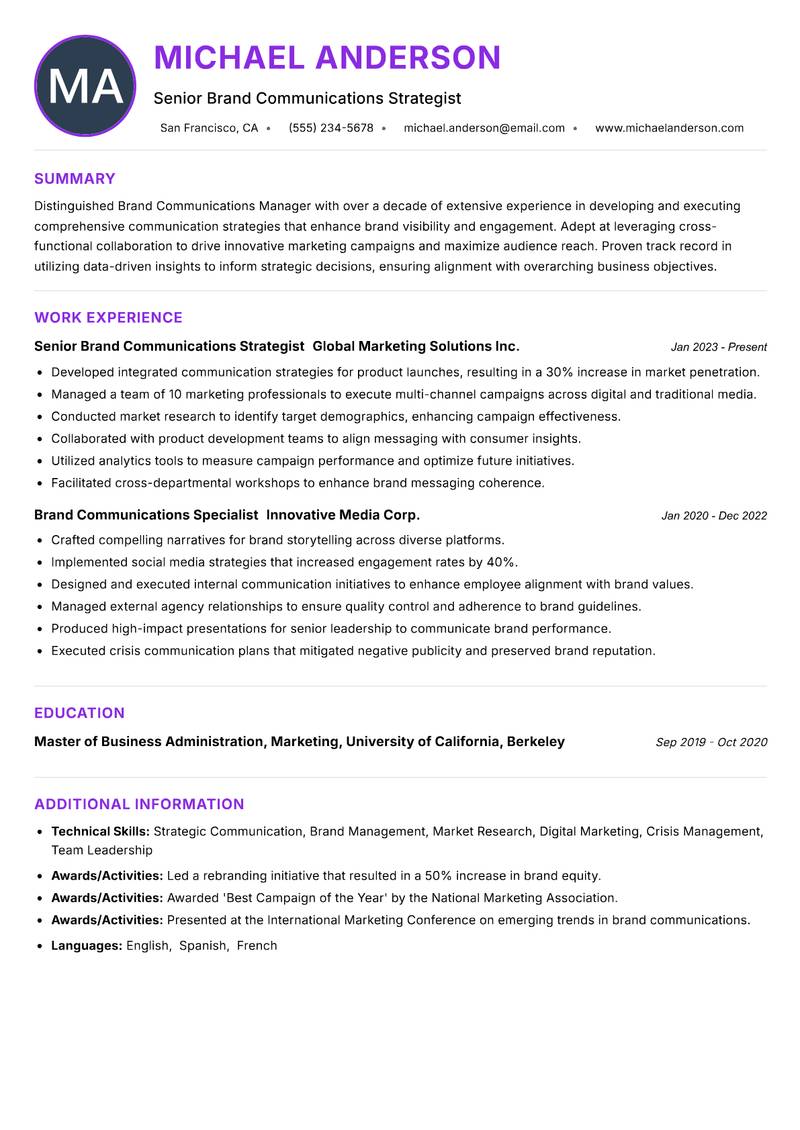 Brand Communications Manager resume example