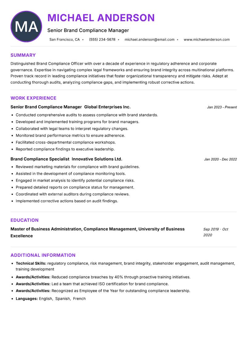 Brand Compliance Officer resume example