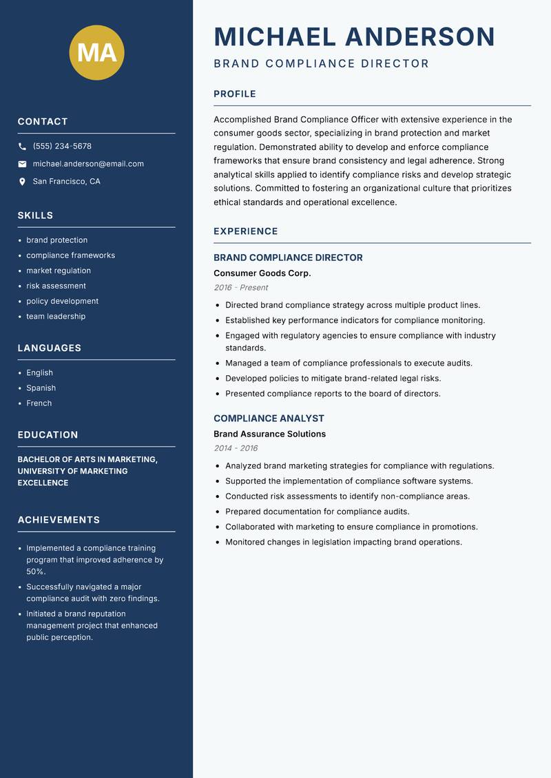 Brand Compliance Officer resume sample — Brand Compliance Director focus