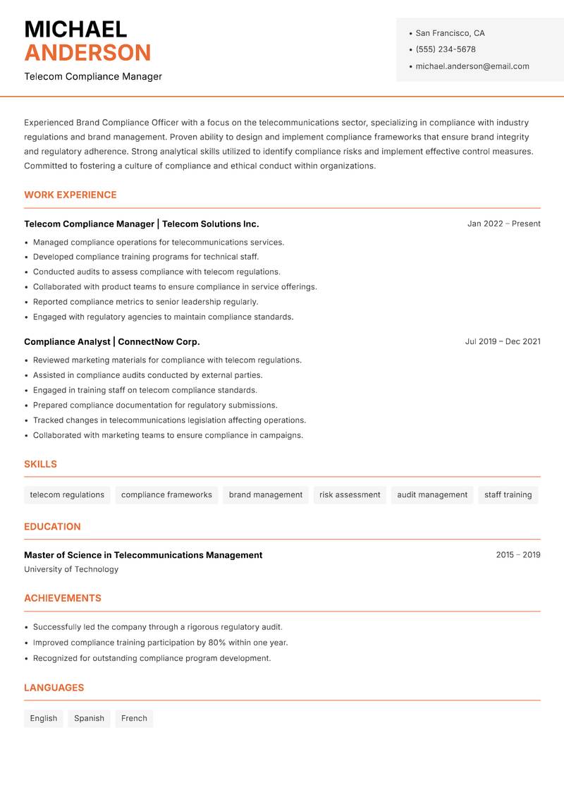 Brand Compliance Officer resume sample — Telecom Compliance Manager focus
