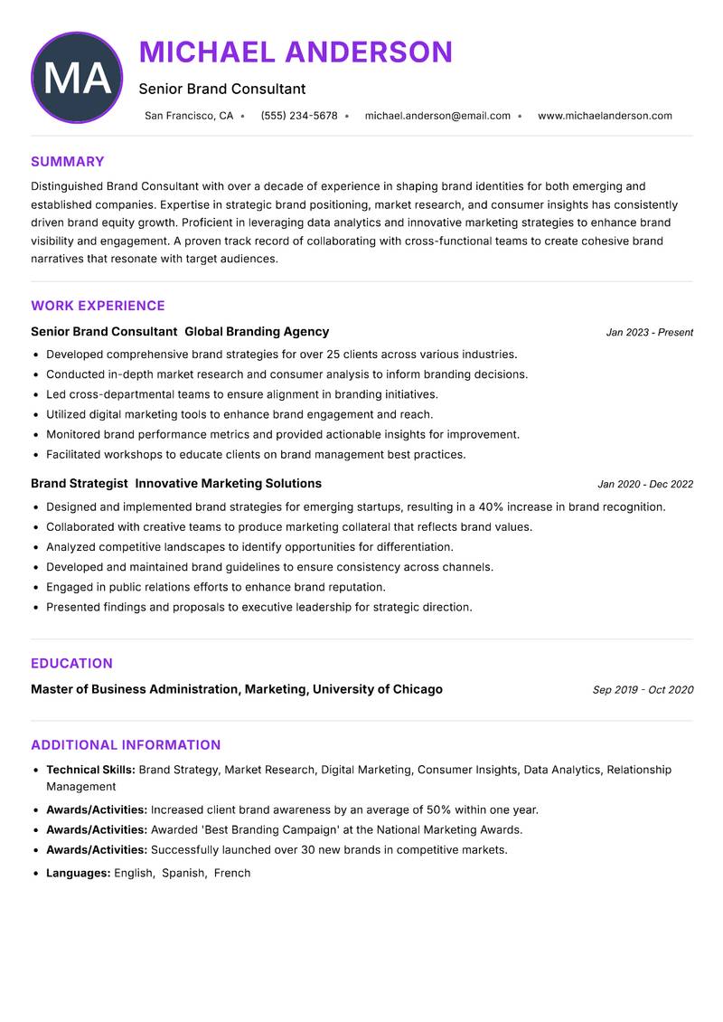 Brand Consultant resume example