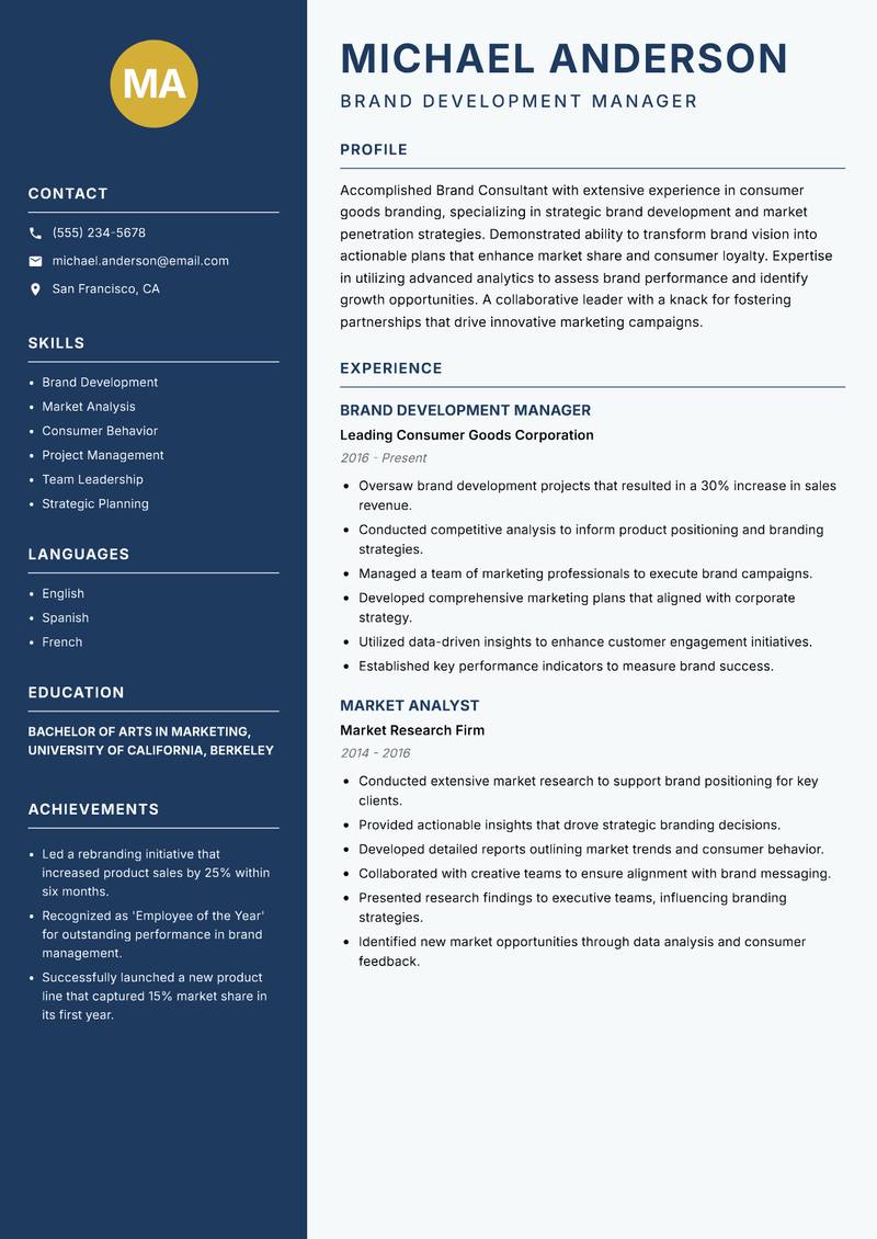 Brand Consultant resume sample — Brand Development Manager focus