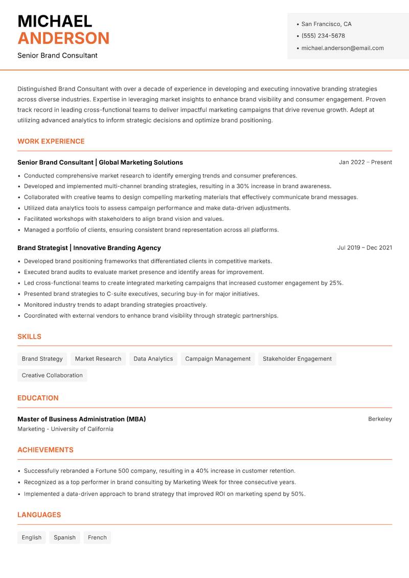 Brand Consultant resume sample — Senior Brand Consultant focus