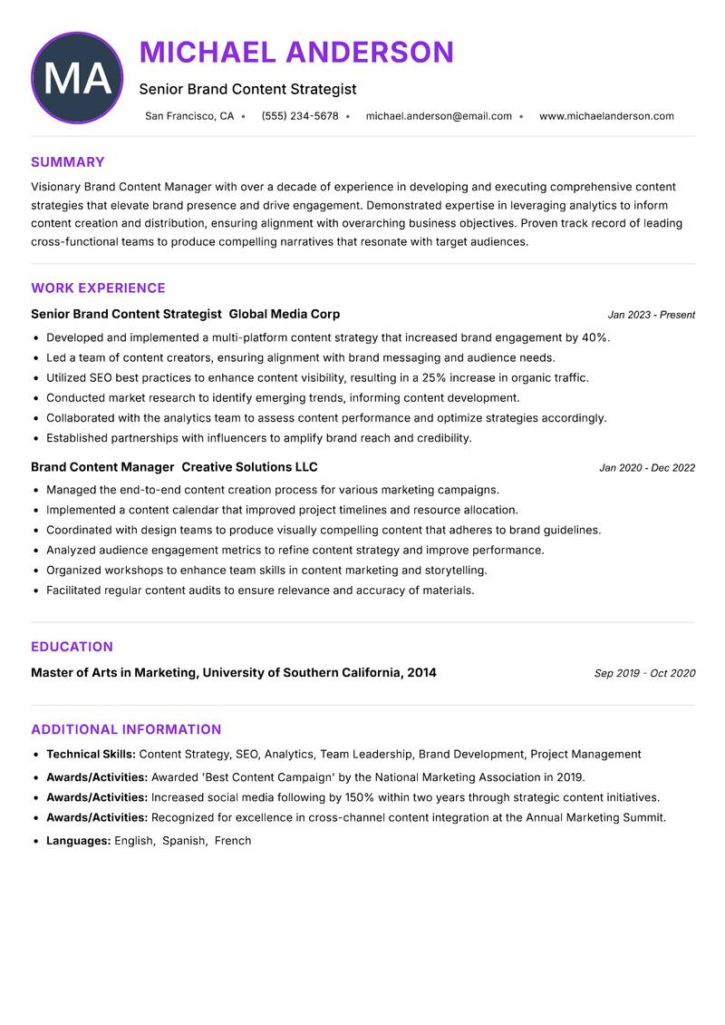 Brand Content Manager resume example