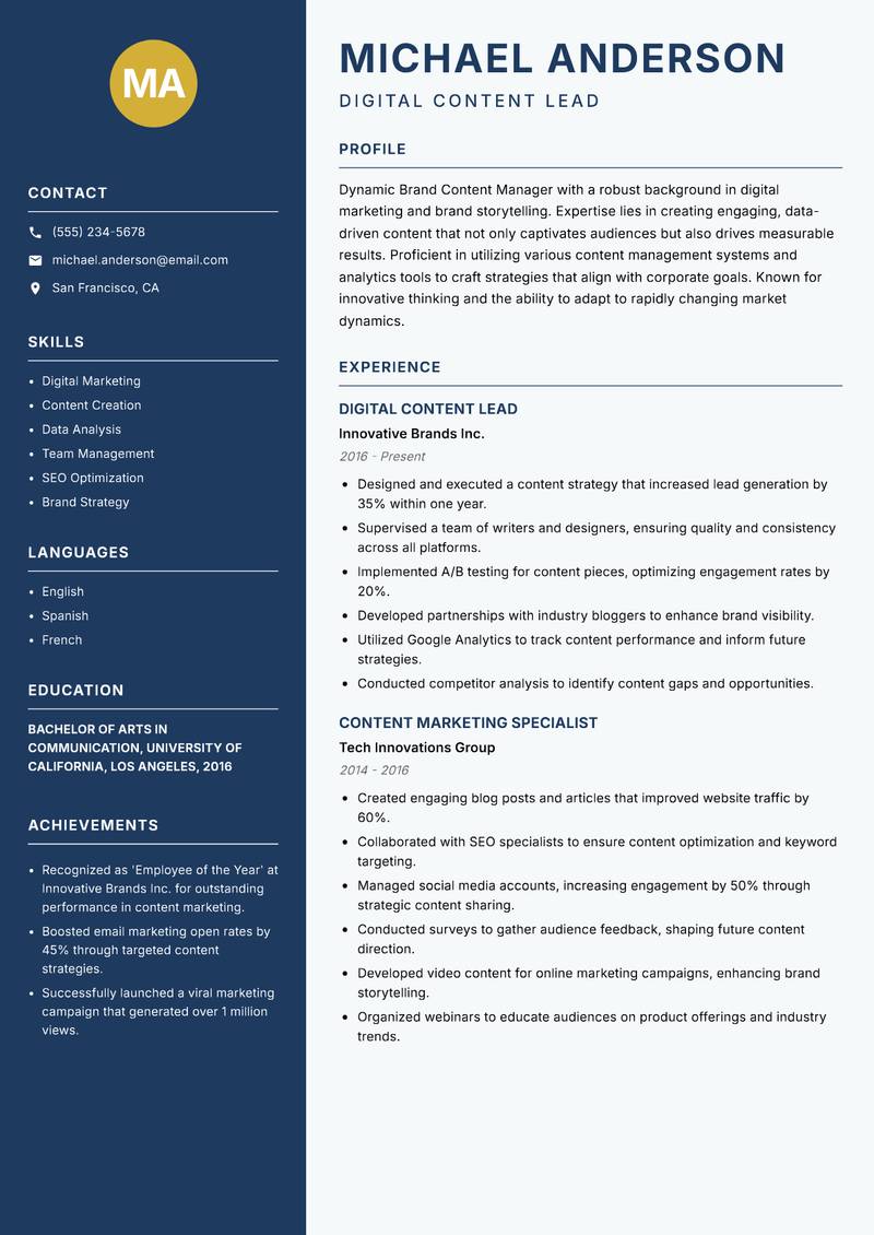 Brand Content Manager resume sample — Digital Content Lead focus